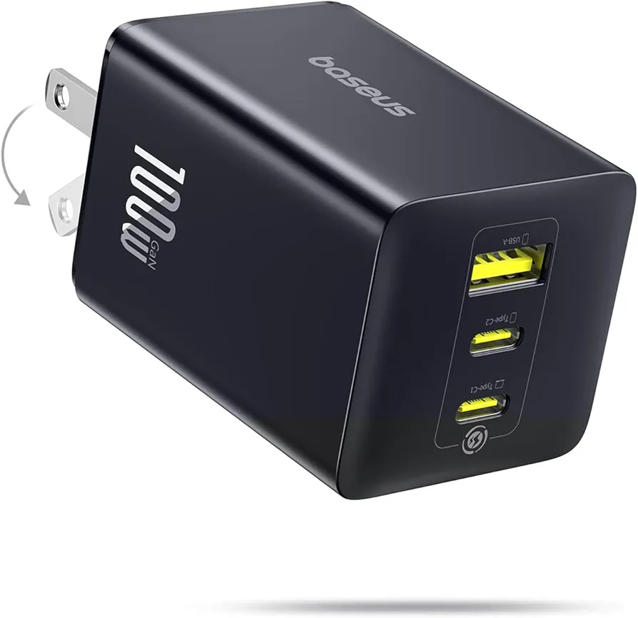 Baseus 100W USB C Charger Block, 3-Port Foldable Compact PPS Wall Charger
