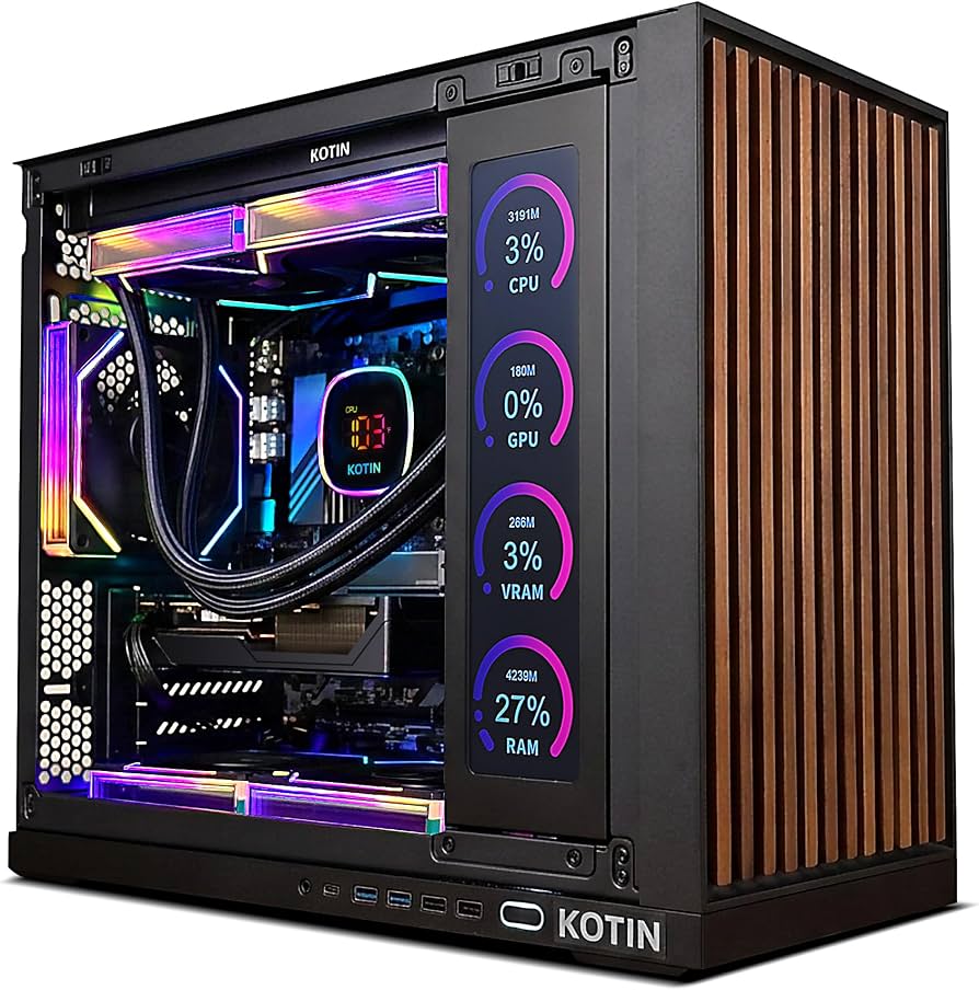 KOTIN Gaming PC Desktop, Ryzen 7 9700X, GeForce RTX 5060 Ti 8GB, 16GB DDR5 6000MHz, 1TB PCIe 4.0 SSD, 11.3" Smart Display, 360mm Liquid Cooler, Windows 11
