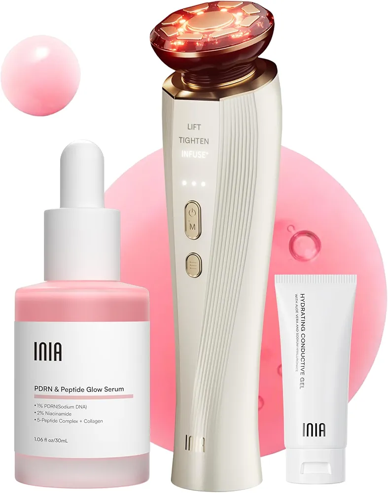 INIA Flare 3-in-1 Microcurrent Facial Device Red Light Therapy for Face and Neck Massager Tool with Heat & Vibration for Skincare Puffiness, Firming, Smoothing