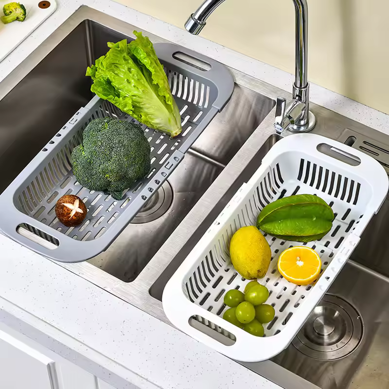 Kitchen Storage Rack Soap Sponge Rack Adjustable Vegetable Drain Basket
