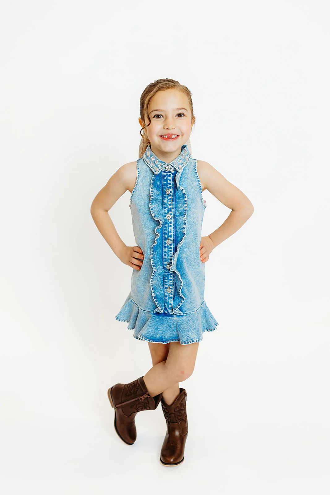 RUFFLE GEM DENIM DRESS