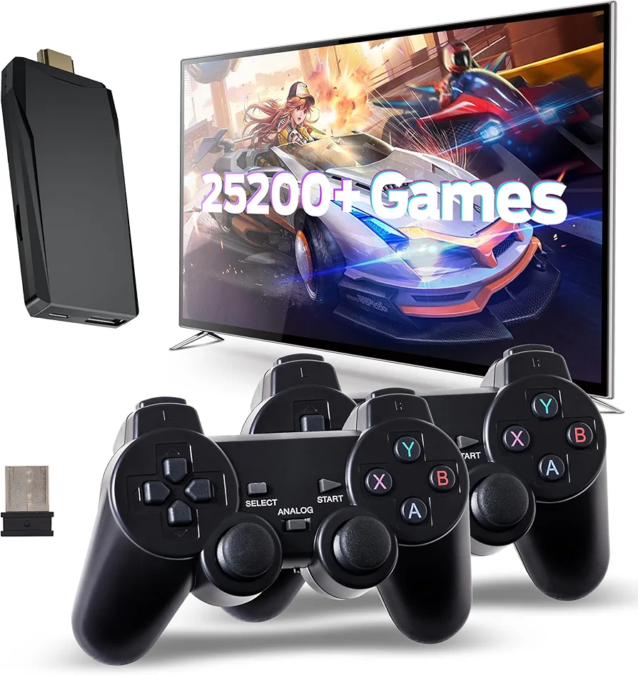 Wireless Retro Game Console, Retro Gaming Console with Built-in 9 Emulators, 25200+Games, 4K HDMI Output, Dual 2.4GHz Wireless Controller, Plug and Play Video Game Console (Black)