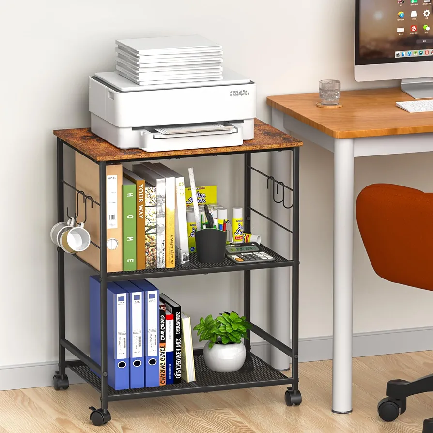 ThreeHio Printer Stand, 3Tier Printer Table with Wheels, Printer Cart with Storage Shelf