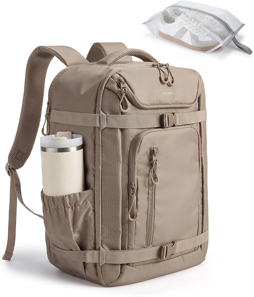 BAGSMART 35L Travel Backpack for Women & Men Fits 17-Inch Laptop, Airline Approved Carry On Backpack with Wet Pocket & Shoe Pouch, Water-Resistant Personal Item Travel Bag, Camel