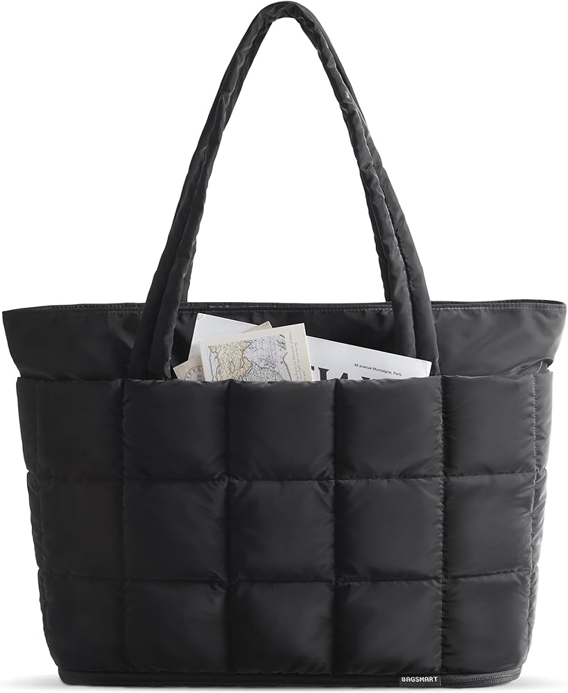 BAGSMART Expandable Tote Bag for Women, Puffer Work Tote Handbag, Quilted Carry On Bag for Travel Gym