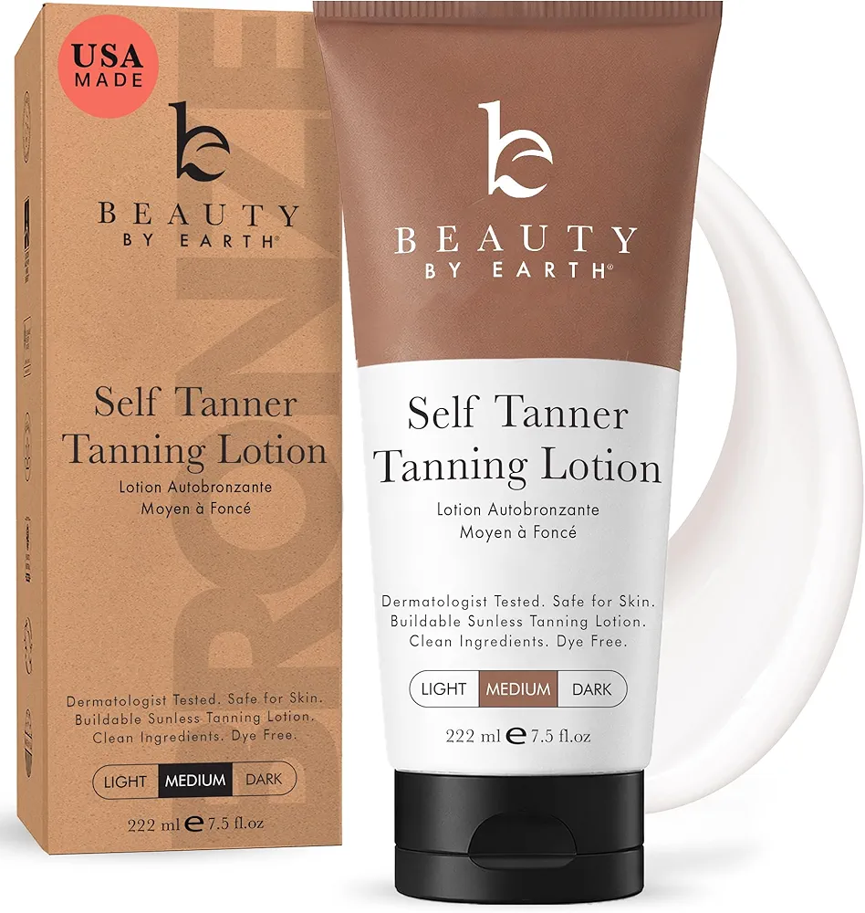 Beauty by Earth Self Tanner - USA Made with Natural & Organic Ingredients Moisturizing Self Tanning Lotion with Aloe Vera & Coconut for a Natural Glow,