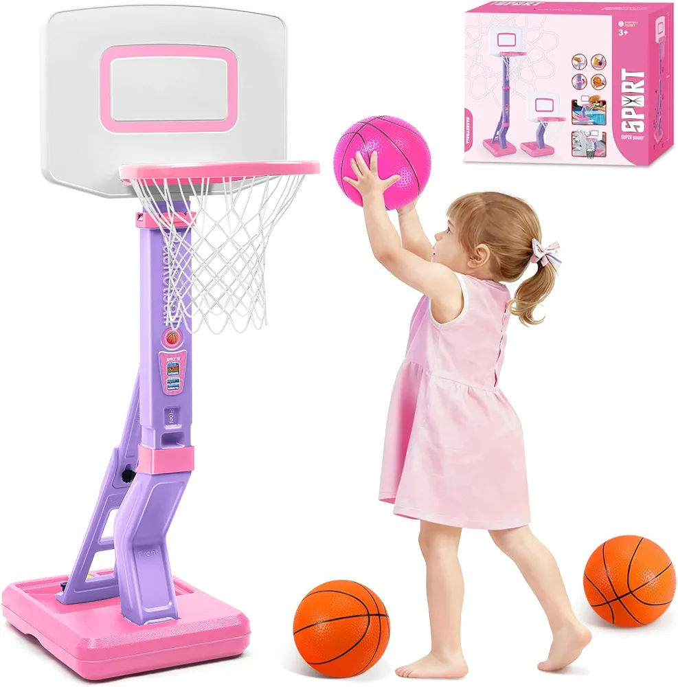 Toddler Basketball Hoop Indoor Outdoor - Height Adjustable 27.6-54 Inches (5 Slots), Kids Basketball Hoop with 4 Inflatable Balls & Pump,