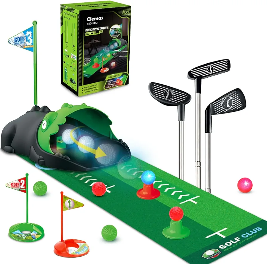 Clemas Upgraded Kids Toy Golf Set with Dinosaur Automatic Golf Returner, Led Light Up Night Golf Balls, 3 Clubs