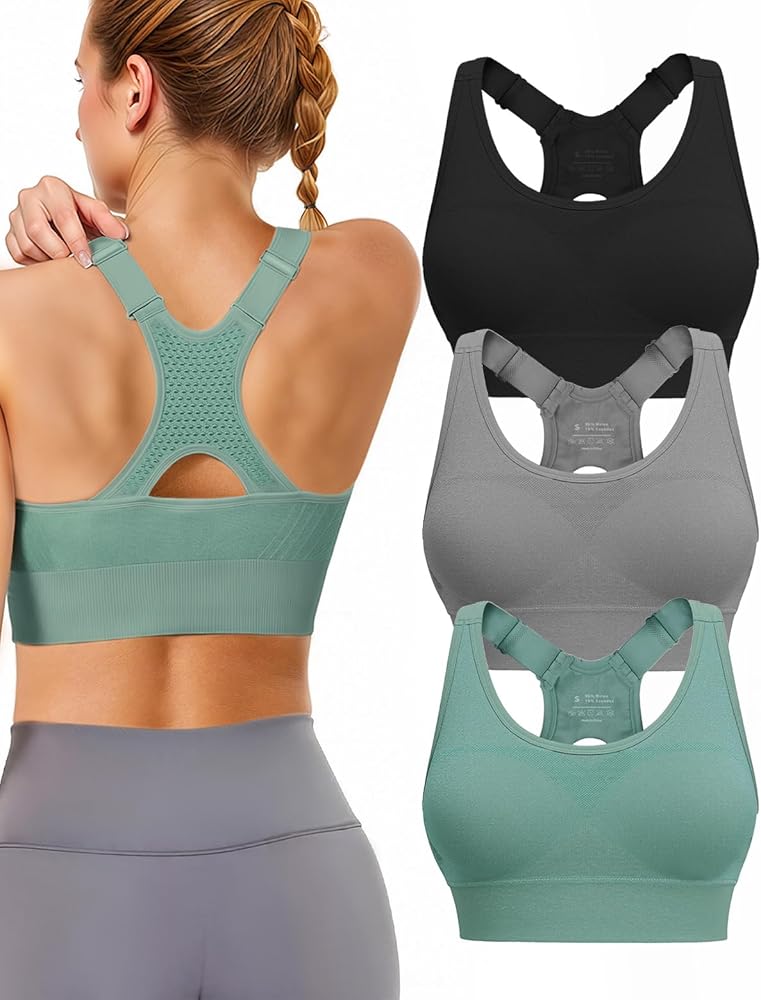 Adjustable Sports Bras for Women High Support, Padded Racerback Bra 3 Pack High Impact Plus Size Supportive Push up Sport